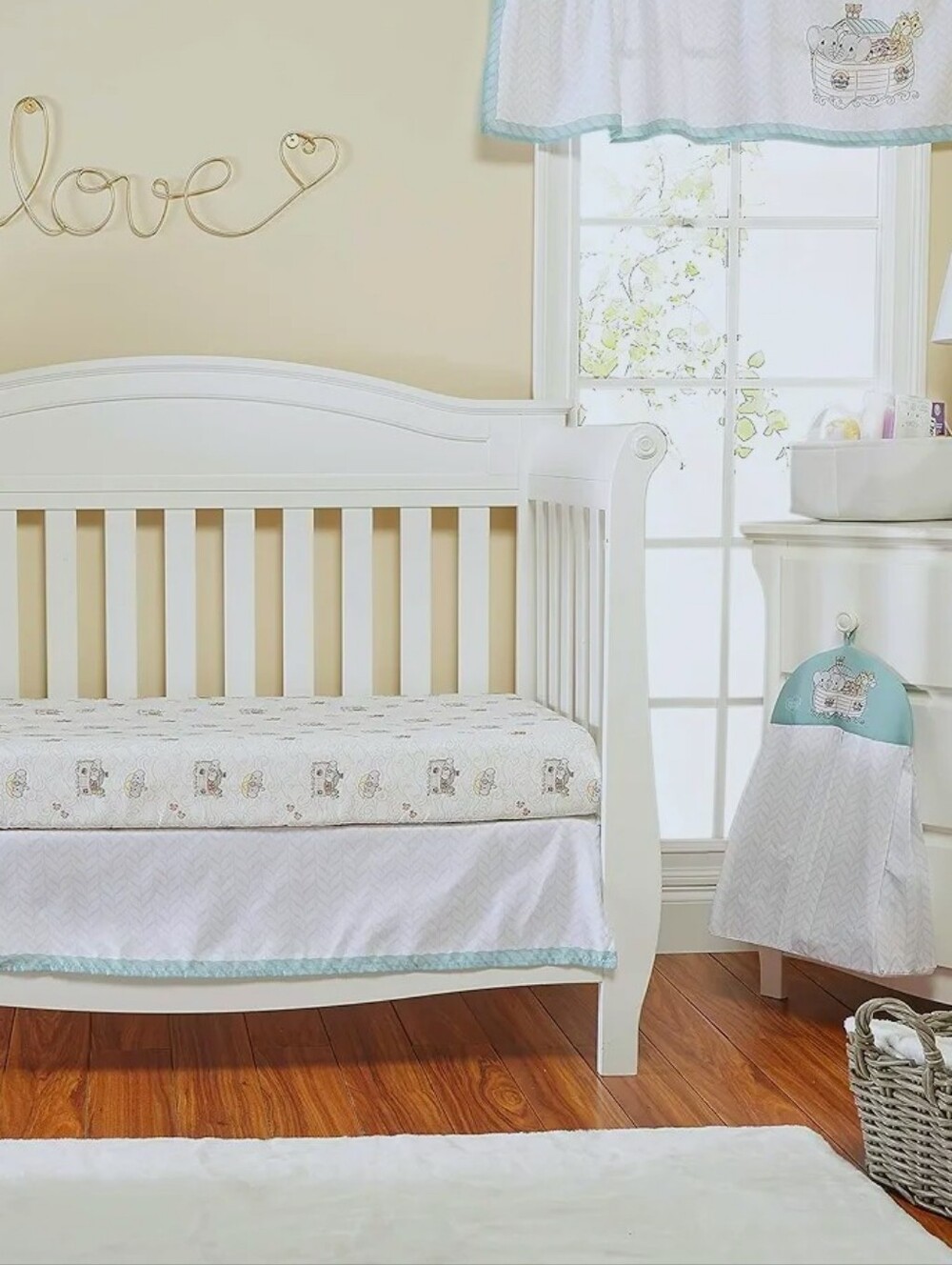 Precious Moments Crib Bedding Set with Soft Beige and Aqua Accents